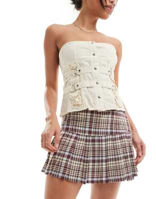 Motel Plaid Print Mini Pleated Skirt In Multi-brown