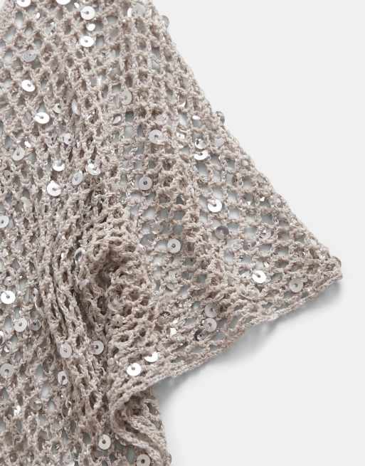Motel - poncho de punto de croché Maliha en plata, 7 de 7