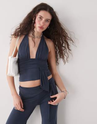 Motel Motel prilla slinky wrap co-ord detail halter top in ocean storm blue-Navy