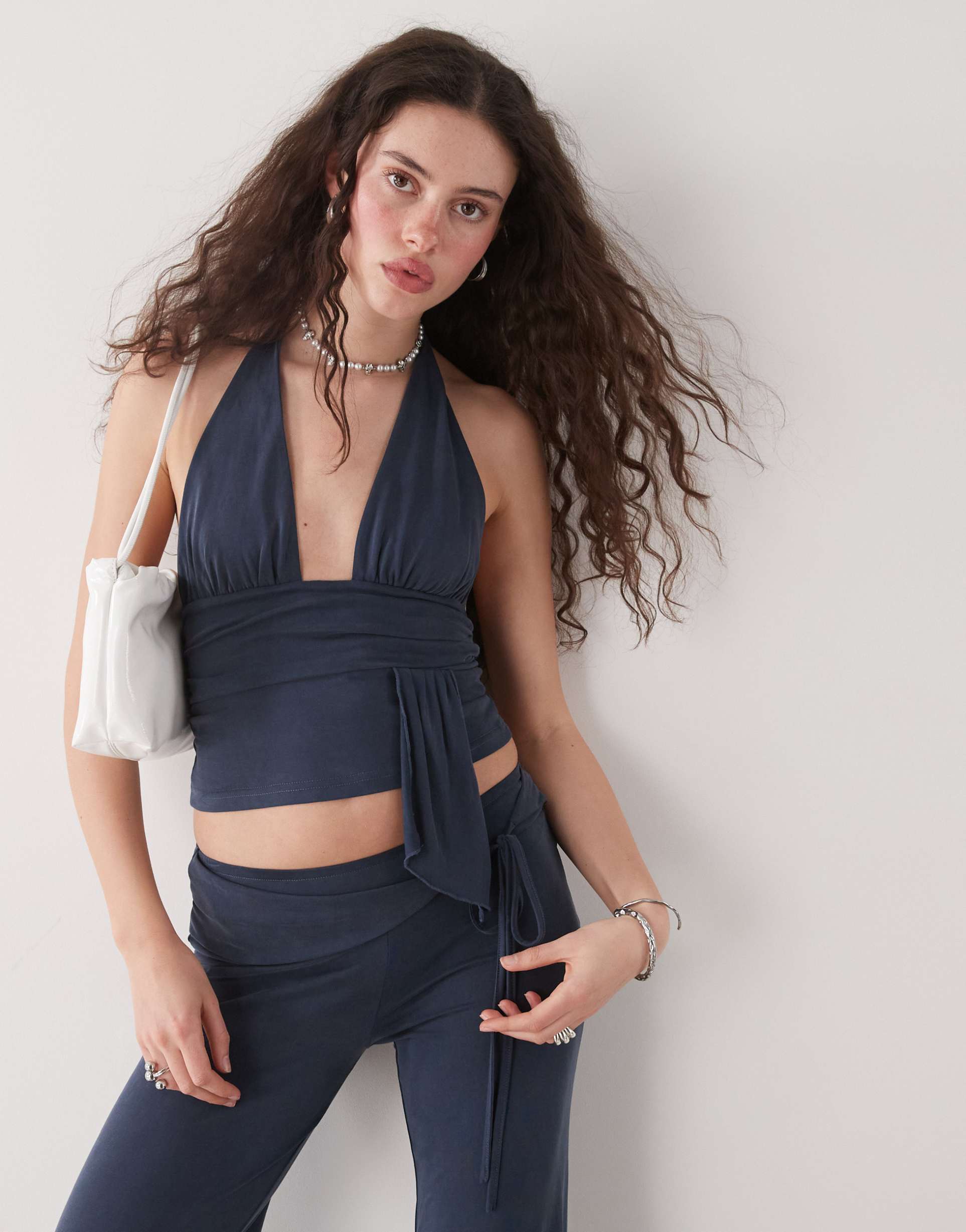 motel prilla slinky wrap detail halter top in ocean storm blue - part of a set