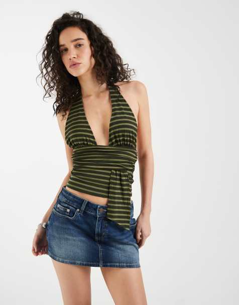 Motel Prilla striped halter neck top in khaki (part of a set) - view 1