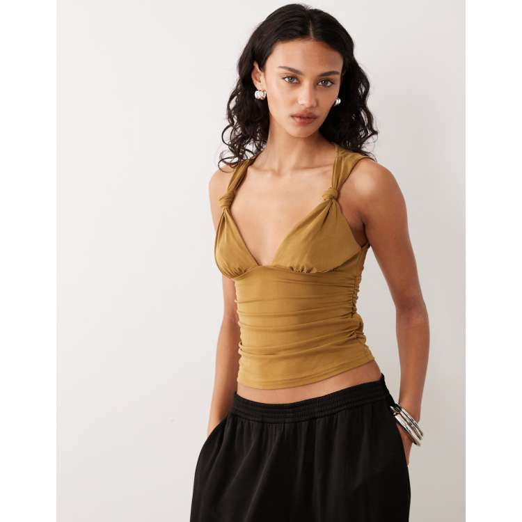 Motel Priska knotted cupro top in chartreuse | ASOS