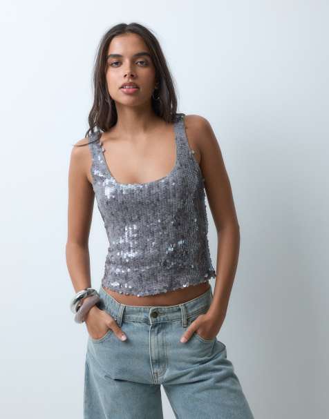 Motel qian sequin singlet top in silver - view 1