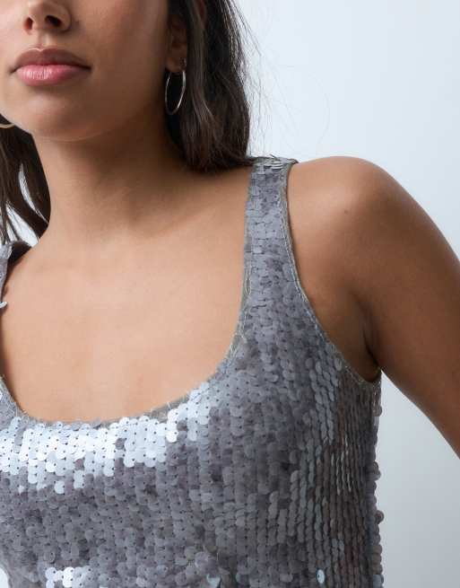 Motel qian sequin singlet top in silver, 3 of 5