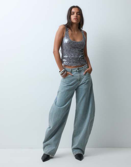 Motel qian Top mit Pailletten in Silber, 2 von 5