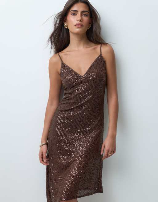 Motel quinn asymm sequin dress in brown, 3 of 5