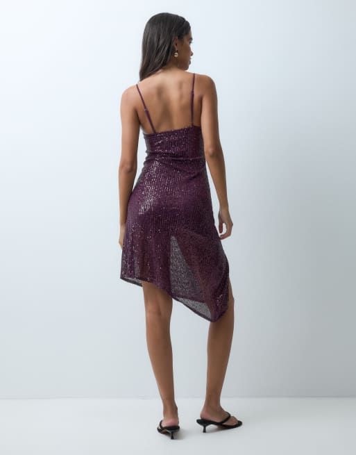 Motel Quinn robe courte asymétrique à sequins en violet foncé, 4 de 5