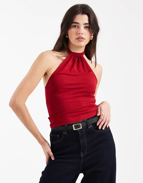 Motel raceline halterneck top in red