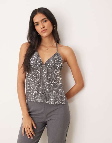 Motel Rafina chiffon sequin halter top in gray - view 1