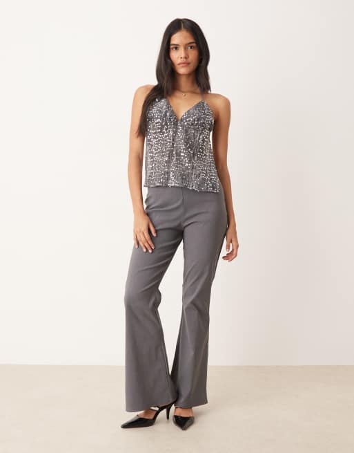 Motel Rafina chiffon sequin halter top in grey, 3 of 4