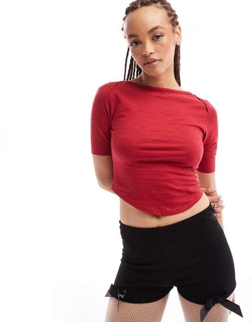 Motel Ralda curved hem t-shirt in red