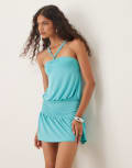[Motel] Motel Ramira drop waist slinky mini dress in aqua-Blue XS AQUA