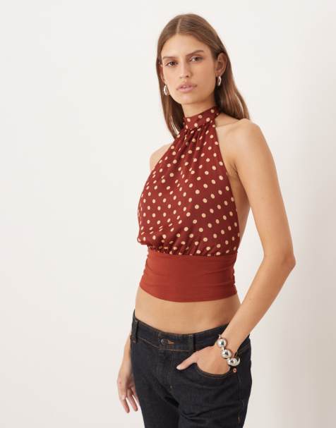 Motel Rania tie neck polka dot top in burnt red - view 1