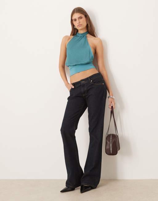 Motel Rania tie neck striped top in satin teal