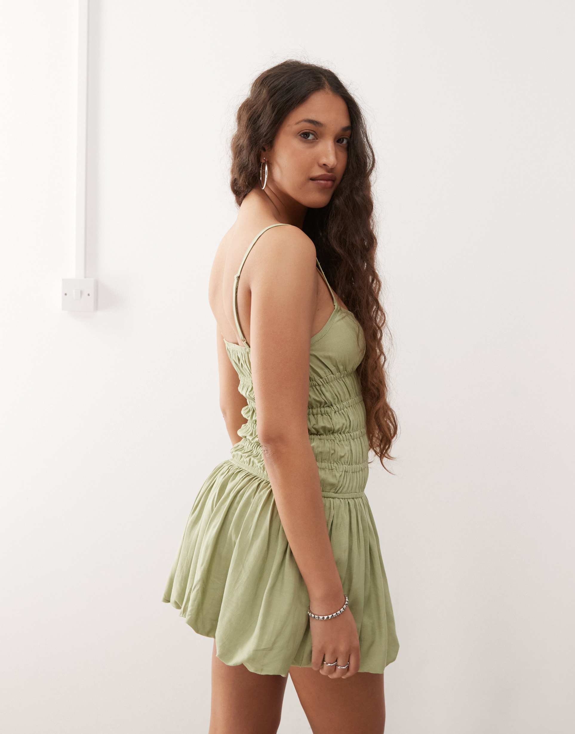 motel rasmil bubble mini dress in sage green