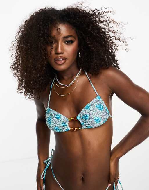 Motel ravola bikini top in boho batik floral blue print with bead detail