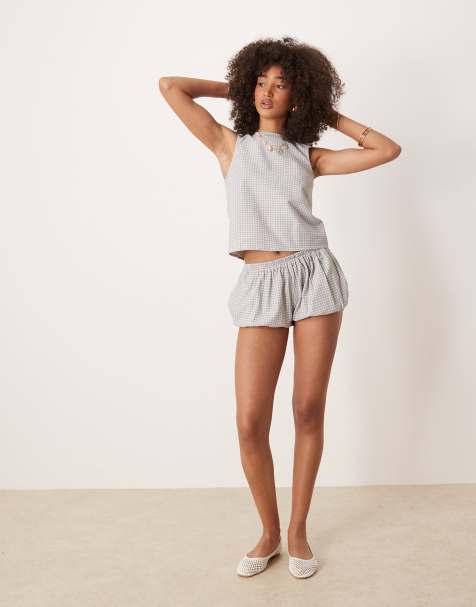 Motel rebo co-ord gingham shorts in blue grey - view 1
