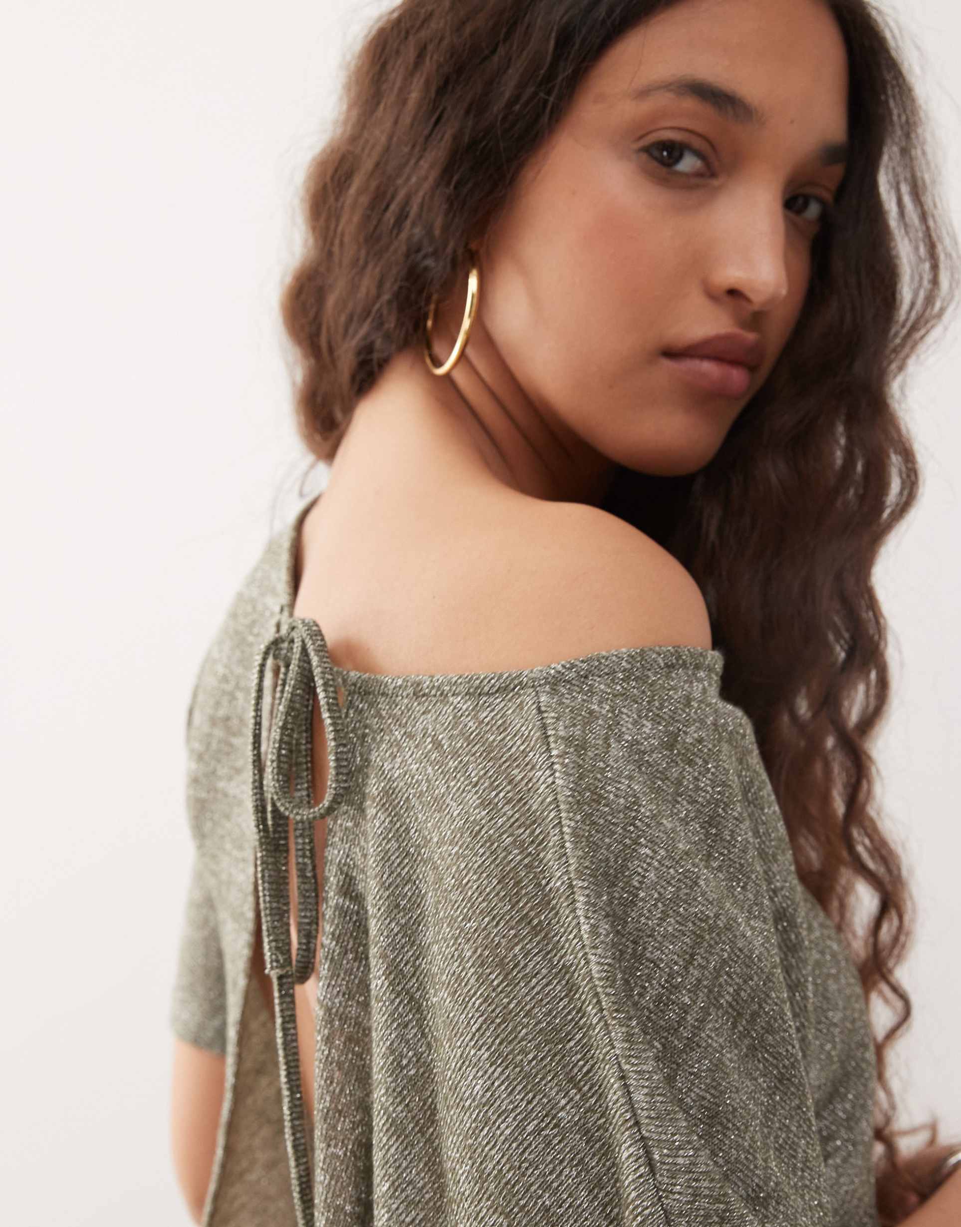 motel reeta off-shoulder mini dress in khaki shimmer