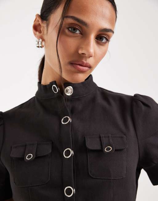 Motel Renia button detailing short sleeve top in warm brown - part of a set, 3 of 4