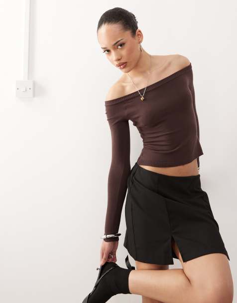 Motel renie bardot long sleeve top in dark brown - view 1