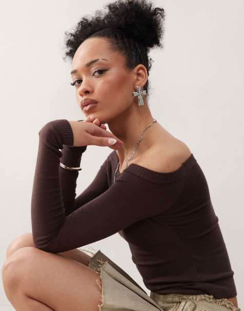 Motel renie bardot long sleeve top In dark brown - view 1