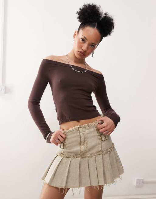 Motel renie bardot long sleeve top In dark brown, 4 of 4