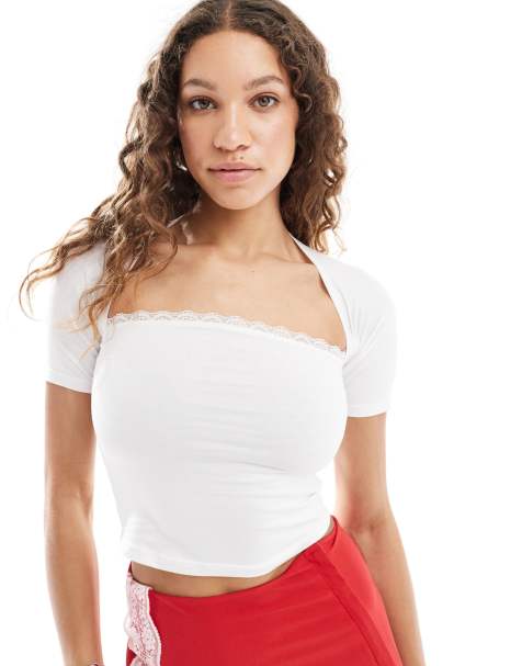 Motel reqla square neck lace trim top in white - view 1