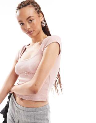 Motel Ribbed Bow Detail Baby T-shirt In Soft Pink