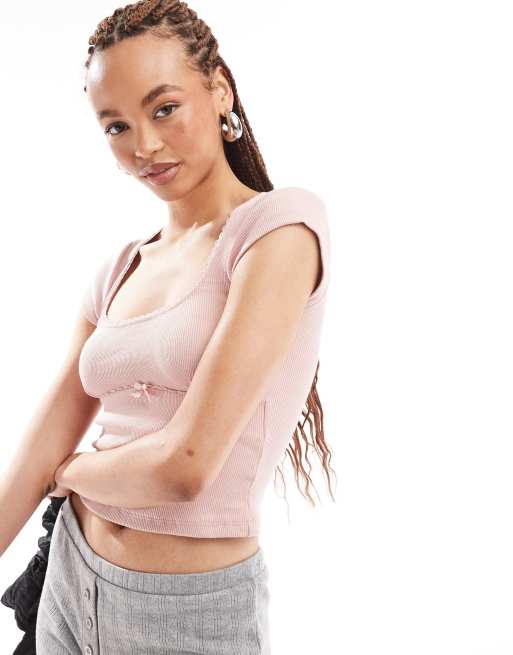 Motel ribbed bow detail baby t-shirt in soft pink