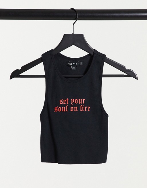 Motel ribbed crop vest with red gothic text