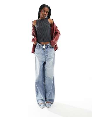 ribbed knit slash neck longline tank top in charcoal gray