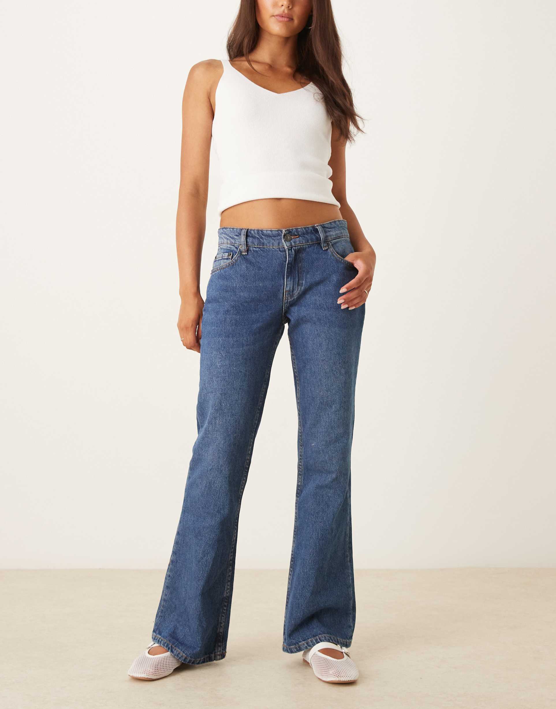 motel rigid low rise flare jeans in mid blue used