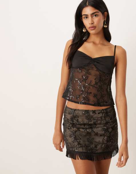 Motel - Rikasu - Gebloemde chiffon top met lovertjes in zwart, deel van co-ord set - view 1