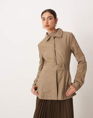 Motel Riku Button Down Faux Leather Coat In Brown