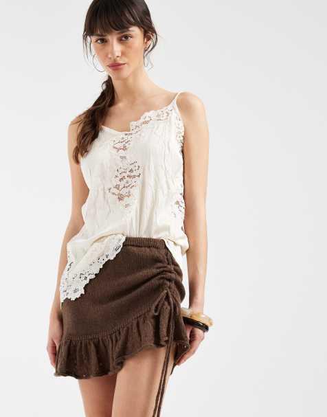 Motel Rimona ruffle hem knit skirt in brown - view 1