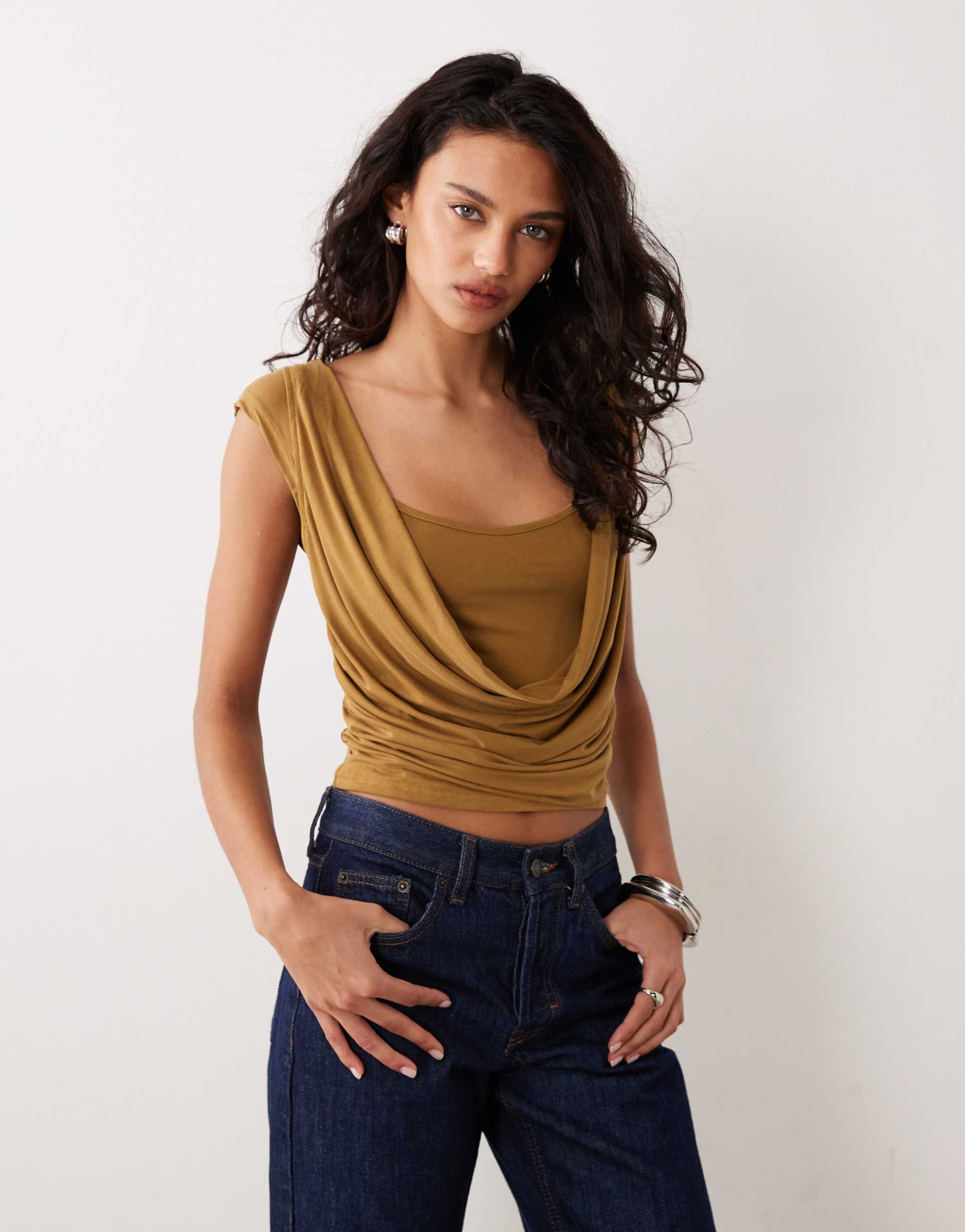 motel rinsha cowl neck cupro top in chartreuse