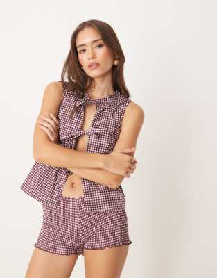 Motel Ritala Shirred Gingham Mini Shorts In Red