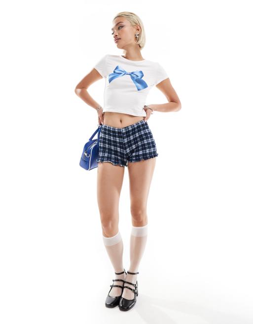 Motel ritala tartan plaid ruched microshorts in dark blue