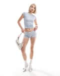 [Motel] Motel Ritulia ribbed floral micro shorts in blue (part of a set) L BLUE FLORAL STRIPE