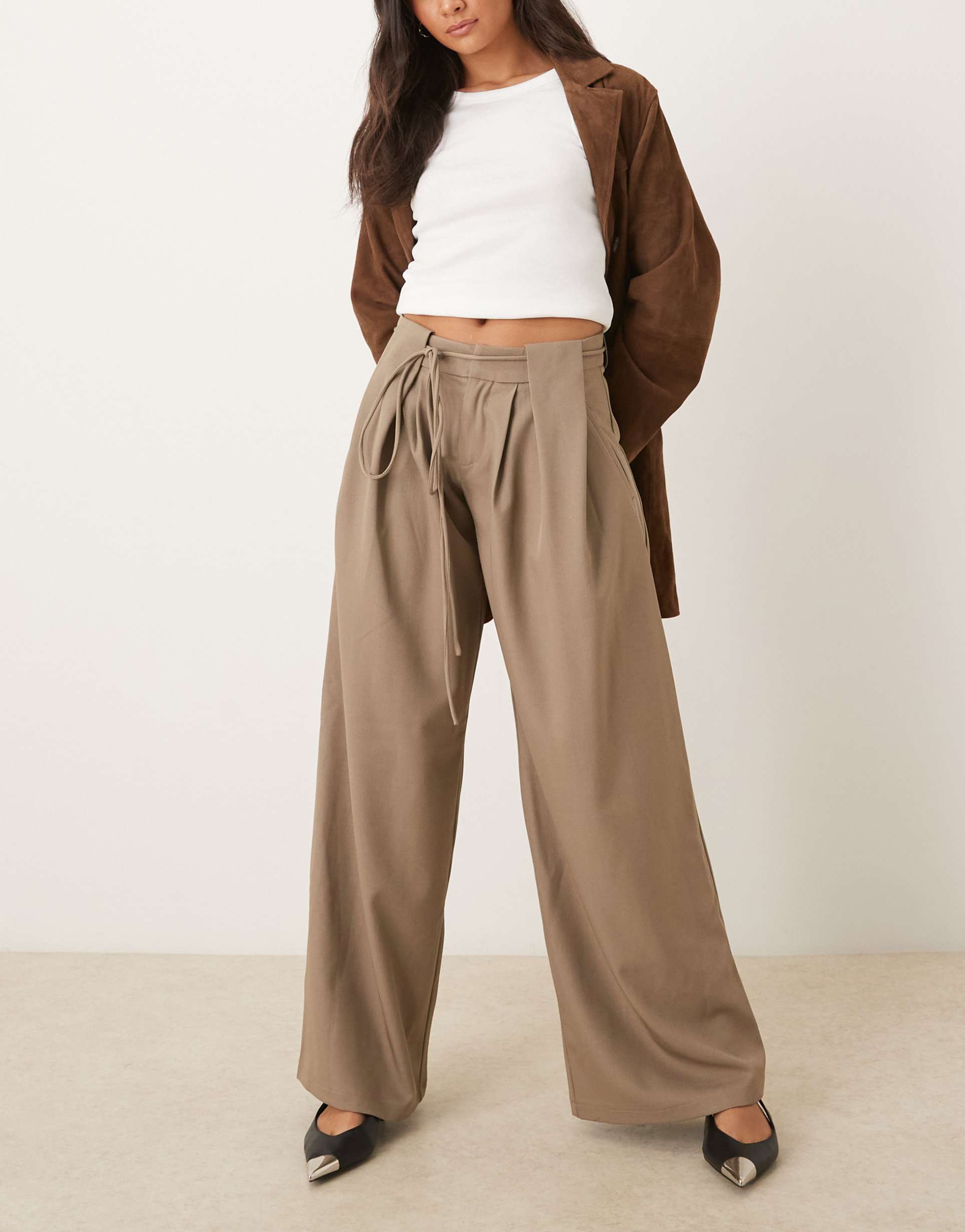 motel rivela tie waist wide leg tailored pants in beige