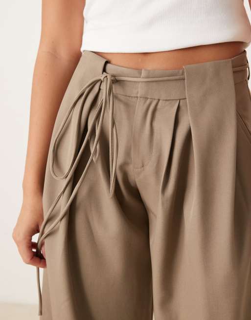 Motel Rivela tie waist wide leg tailored pants in beige , 2 of 5