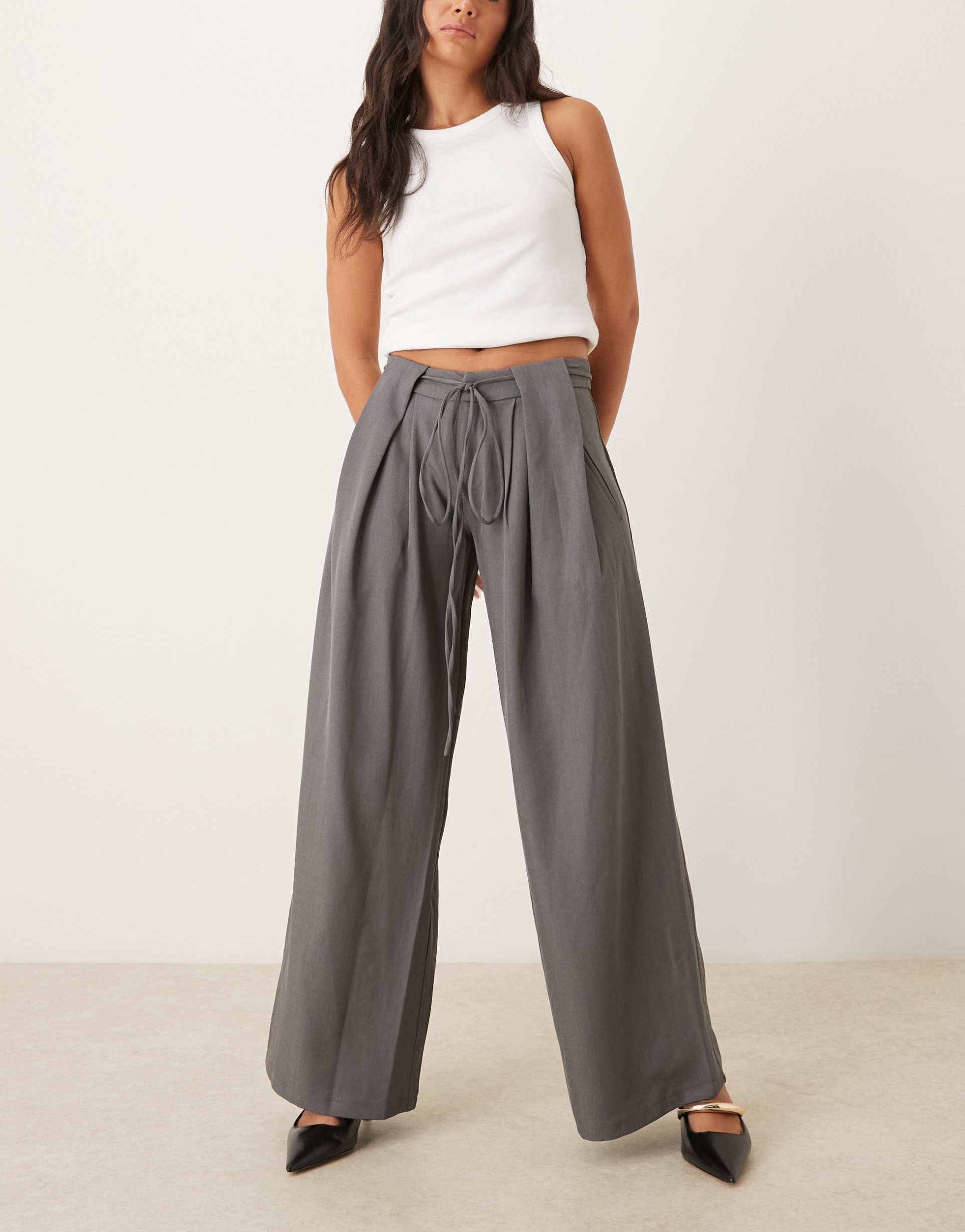 motel rivela tie waist wide leg tailored pants in gray