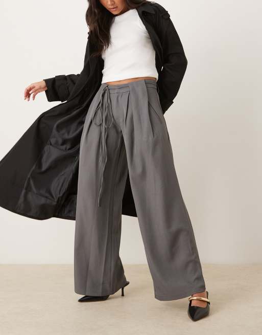 Motel Rivela tie waist wide leg tailored pants in gray , 4 of 5