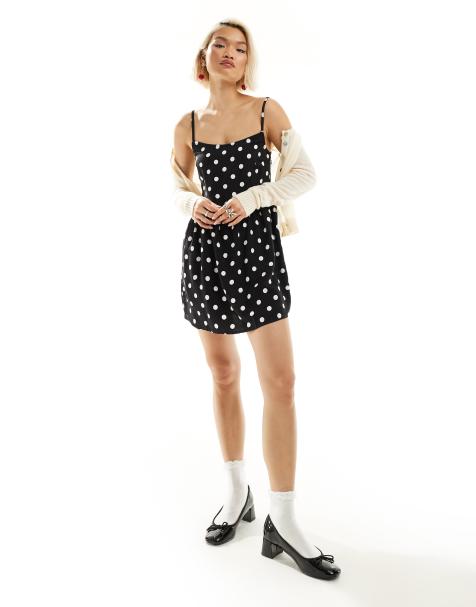 Motel - Robe à pois courte avec bretelles fines - Noir - view 1