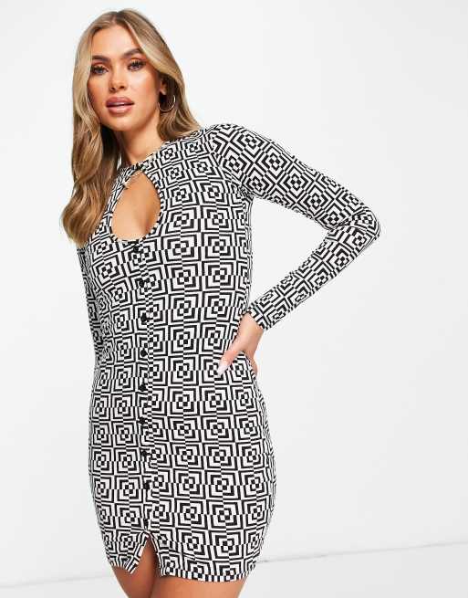Motel - Robe courte et moulante à imprimé optique rétro avec fermeture boutonnée et fente goutte d'eau