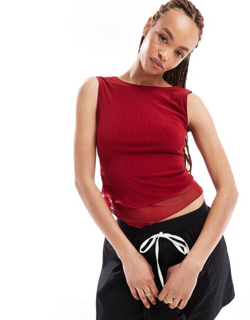 Motel Rochie asymmetric mesh singlet top in cherry red