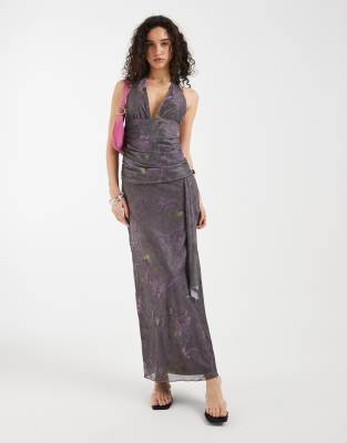 Motel Rokoyo Flower Halter Tie Waist Midaxi Dress In Multi