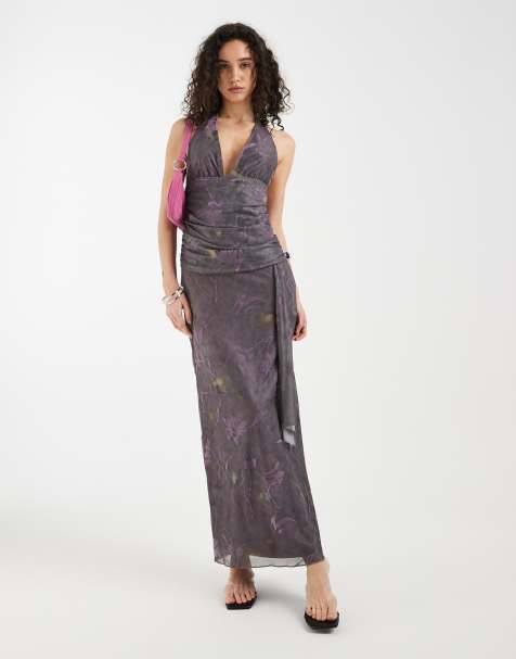 Motel Rokoyo flower halter tie waist midaxi dress in purple - view 1