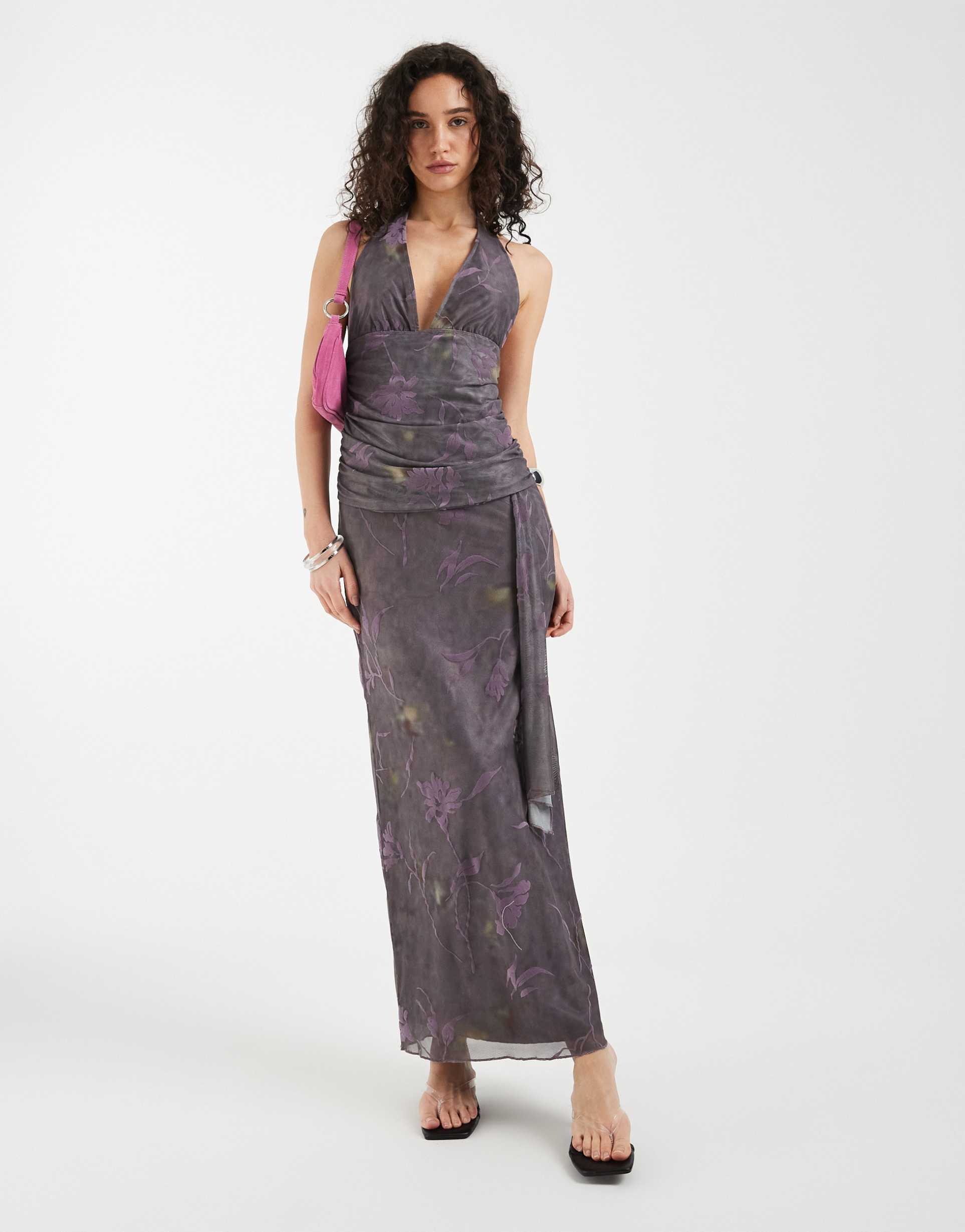 motel rokoyo flower halter tie waist midaxi dress in purple