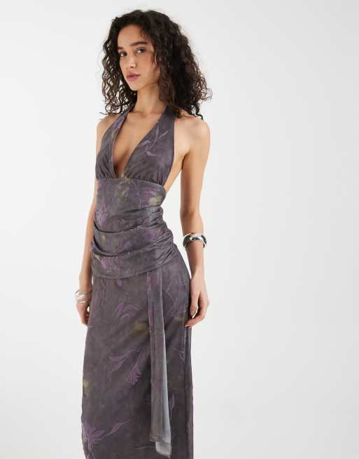 Motel - Rokoyo - Robe longueur mollet à imprimé fleuri avec dos nu et taille nouée - Violet, 2 de 4